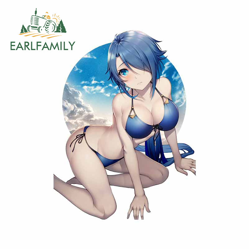 EARLFAMILY 13cm x 9.1cm Blue Short Hair Girl Car Sticker Personality Anime Nice Ass Waterproof Decal Creative Refrigerator Decor