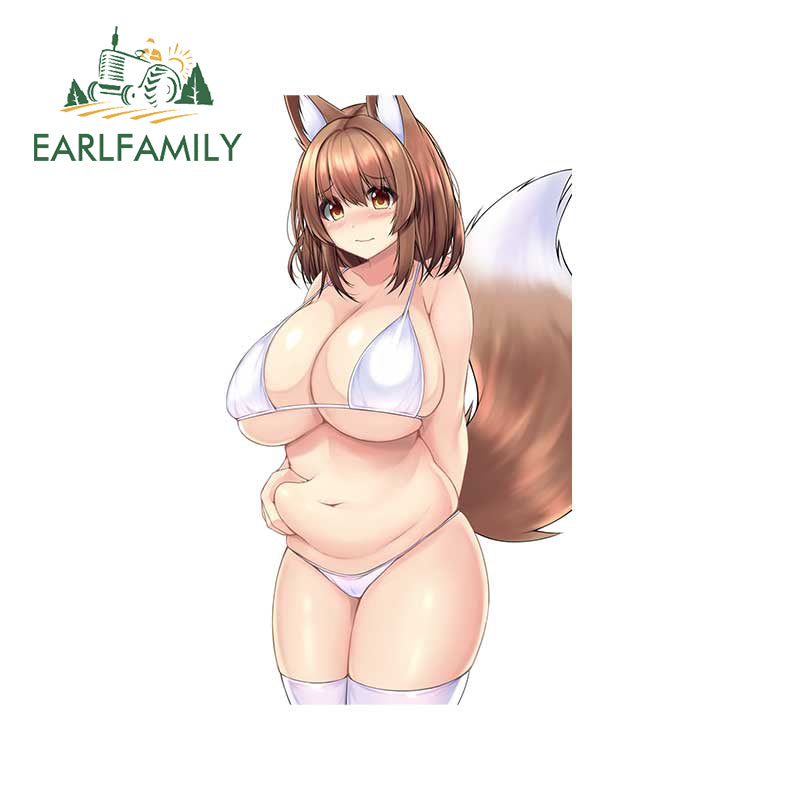 EARLFAMILY 13cm x 7.4cm Plump Cat Girl Car Sticker Sexy Printing Hot Anime Decal Waterproof Refrigerator Laptop Car Accessories