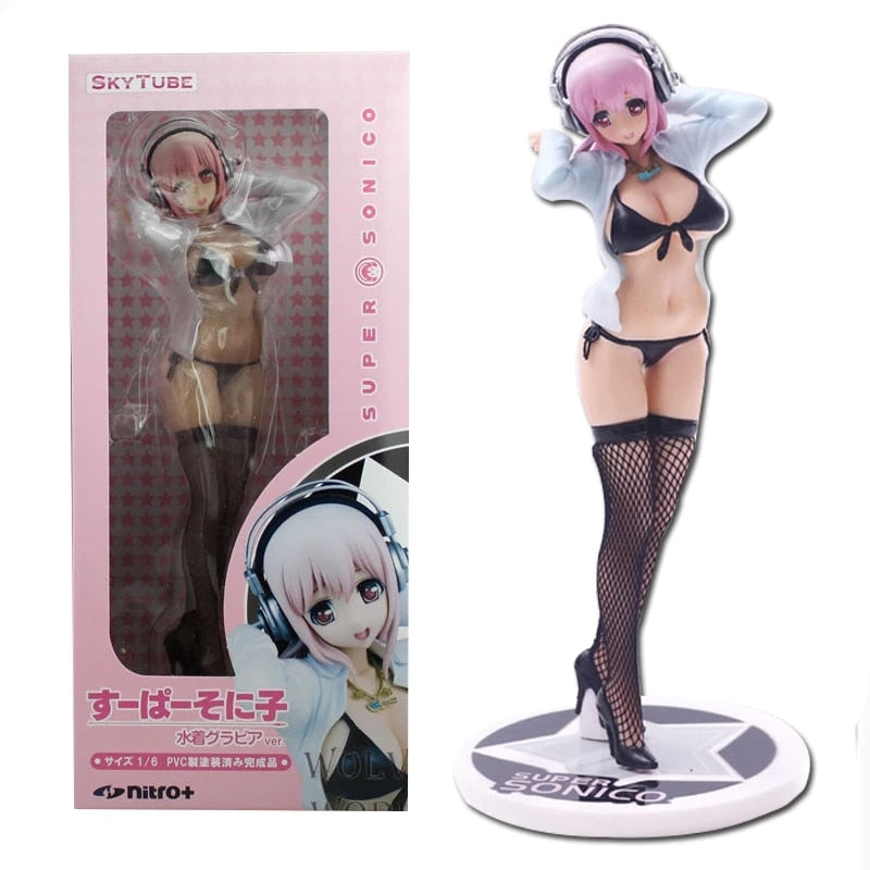 23CM Japanese Anime SUPERSONICO Figure Sexy Swimsuit Sonico Black Silk Standing Removable Model PVC Doll Collection Static Toys