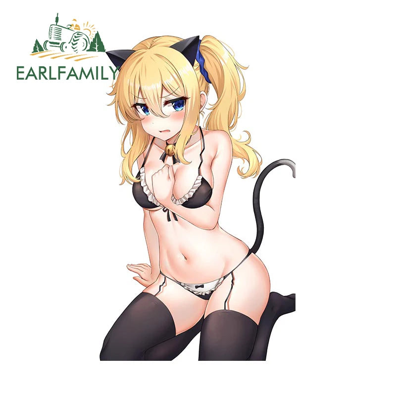 EARLFAMILY 13cm x 7.2cm for Hentai Cat Gril Car Sticker Personality Funny Decal Waterproof Creative Windshield Bumper Car Good