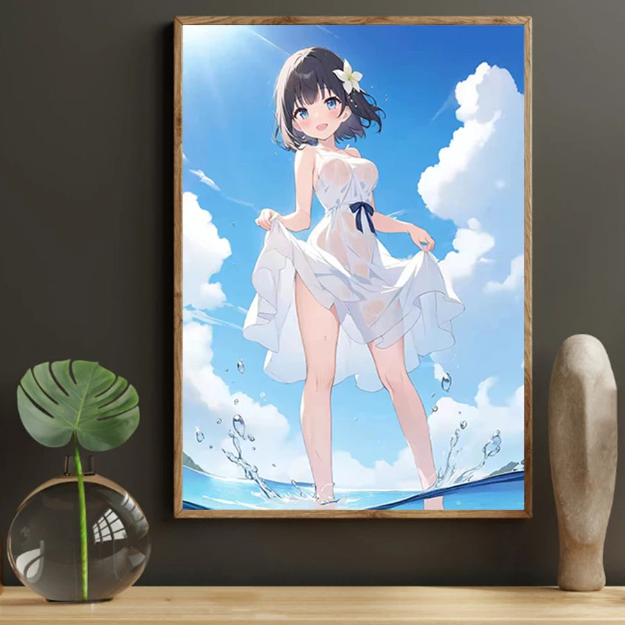 Hot Sexy Anime Girl Canvas Wall Art, Sea Play Canvas Poster, Cartoon Anime Prints Poster For Living Room Home Decor Frameless