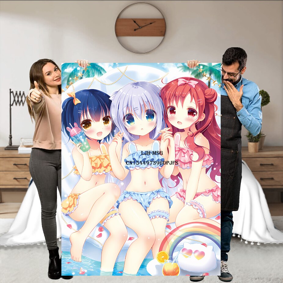 Japanese Anime Gochuumon wa Usagi Desu ka Soft Throw Blanket, Personalized Warm Lightweight Flannel Blankets for Couch Bed Decor