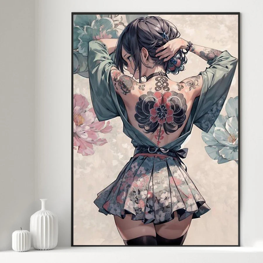 Hot Sexy Beauty Canvas Wall Art, Tattoo Girl Canvas Poster, Cartoon Anime Prints Poster For Living Room Home Decor Frameless