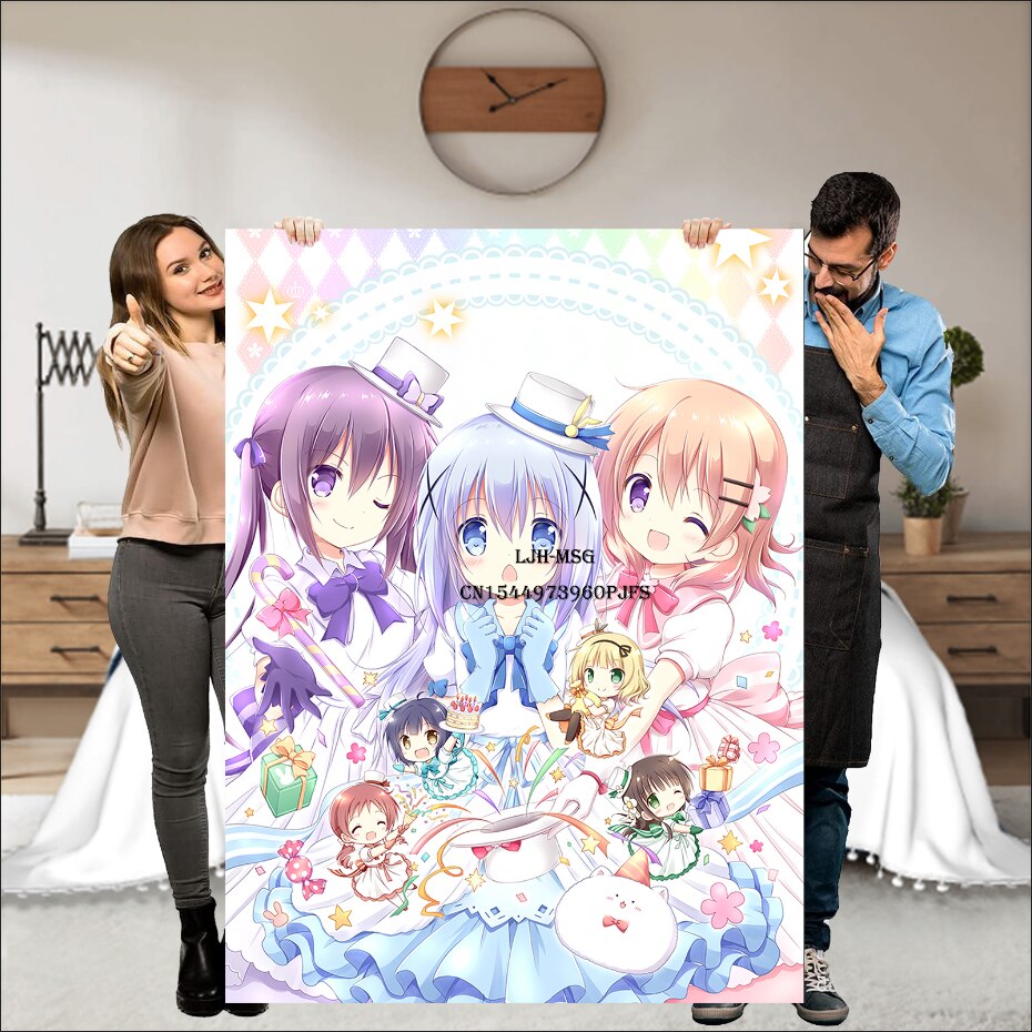 Japanese Anime Gochuumon wa Usagi Desu ka Soft Throw Blanket, Personalized Warm Lightweight Flannel Blankets for Couch Bed Decor