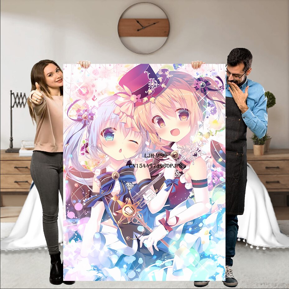 Japanese Anime Gochuumon wa Usagi Desu ka Soft Throw Blanket, Personalized Warm Lightweight Flannel Blankets for Couch Bed Decor