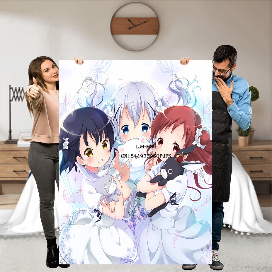 Japanese Anime Gochuumon wa Usagi Desu ka Soft Throw Blanket, Personalized Warm Lightweight Flannel Blankets for Couch Bed Decor