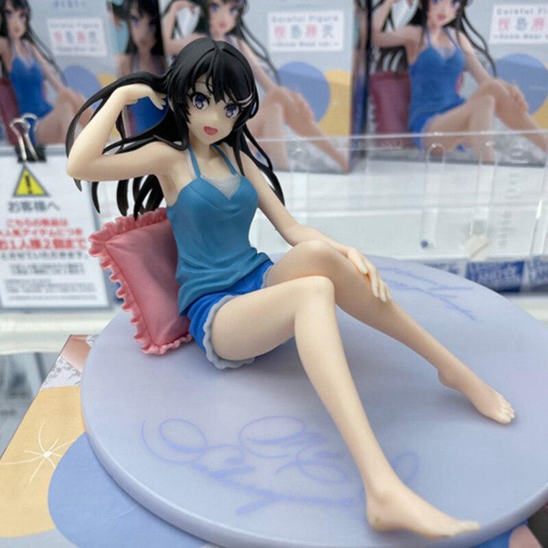 9CM Sakurajima Mai Anime Figure PVC Sitting Posture Home Clothes Blue Suspenders Shorts Model Toys  Collection Ornaments