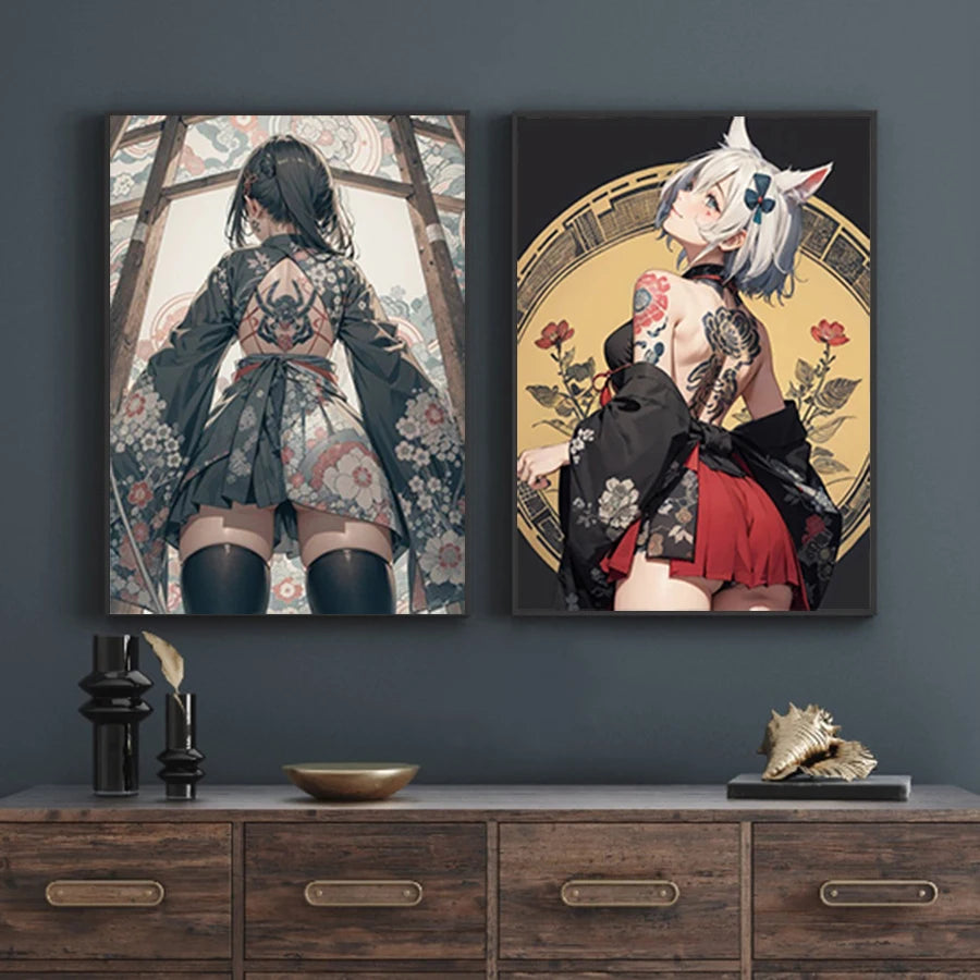 Hot Sexy Beauty Canvas Wall Art, Tattoo Girl Canvas Poster, Cartoon Anime Prints Poster For Living Room Home Decor Frameless