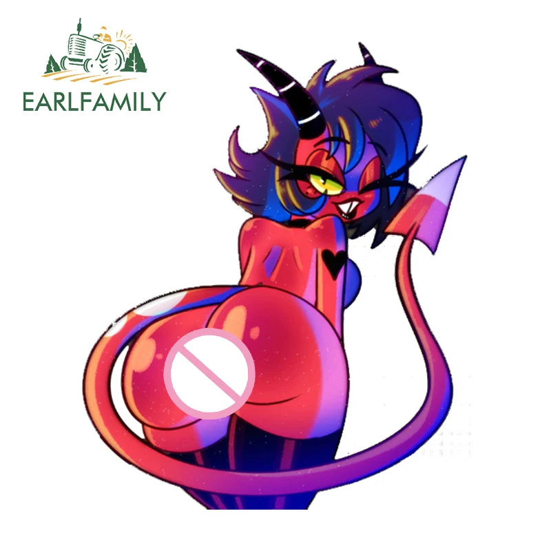 EARLFAMILY 13cm x 11.3cm for Helluva Boss Hentai Ass Car Sticker Sexy Anime Devil Girl Decal Waifu RV Car Accessories Decoration