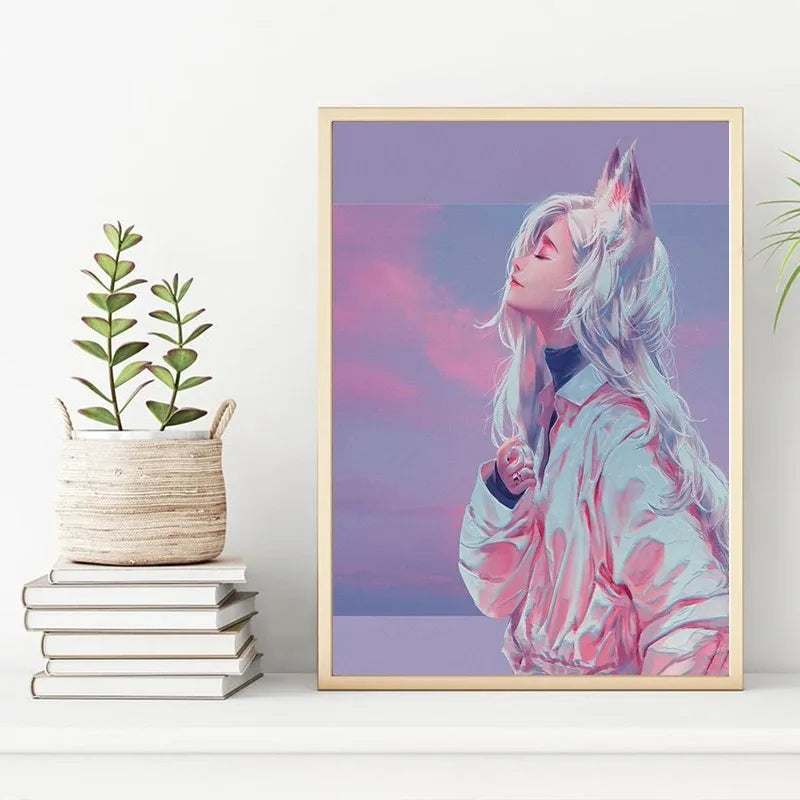 Affiche et impressions de portrait de fille de chat sexy et mignonne d'anime, peinture sur toile, art mural, images modernes pour la décoration de la chambre de fille de renard Kawaii