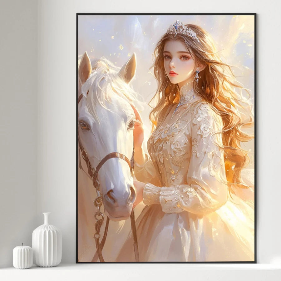 Beautiful Princess White Horse Canvas Wall Art, Canvas Poster, Cartoon Anime Prints Poster For Living Room Home Decor Frameless