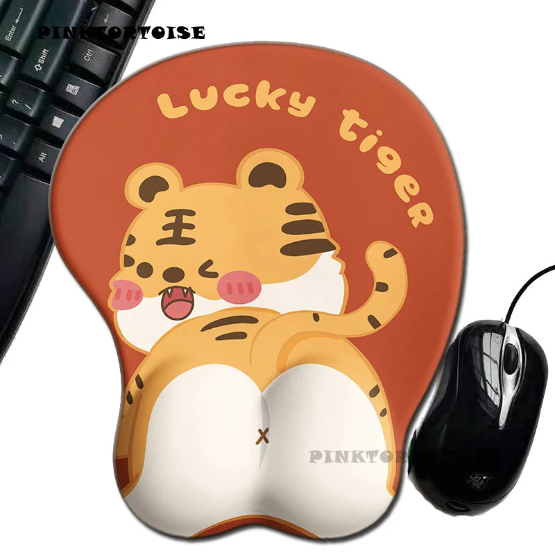 PINKTORTOISE Anime Non-slip 3D Lucky Tiger 3D BUTT Hip Soft Mouse Pads with Wrist Rest Gaming Mousepad Mat for LOLCSGO