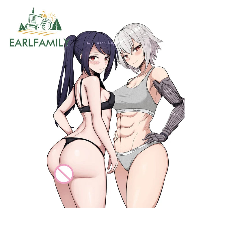 EARLFAMILY 13cm x 12.9cm Girls Ass Tattoo Blue Eyes Big Boobs Car Stickers NSFW Breasts Waifu Bikini Hentai Lewd Decoration