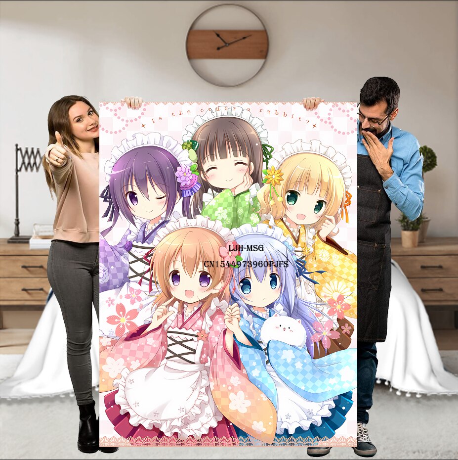 Japanese Anime Gochuumon wa Usagi Desu ka Soft Throw Blanket, Personalized Warm Lightweight Flannel Blankets for Couch Bed Decor