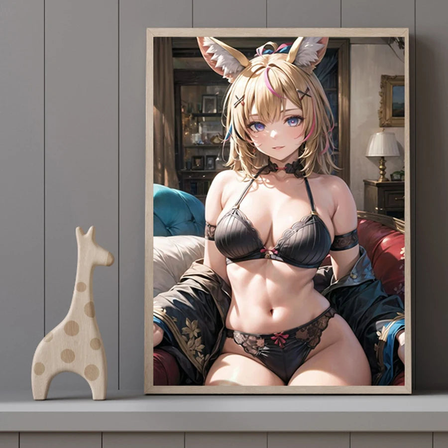 Hot Sexy Beauty Canvas Wall Art, Anime Cat Girl Canvas Poster, Cartoon Anime Prints Poster For Living Room Home Decor Frameless