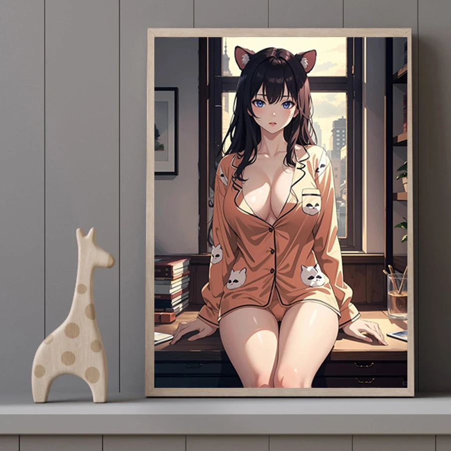 Hot Sexy Beauty Canvas Wall Art, Anime Cat Girl Canvas Poster, Cartoon Anime Prints Poster For Living Room Home Decor Frameless