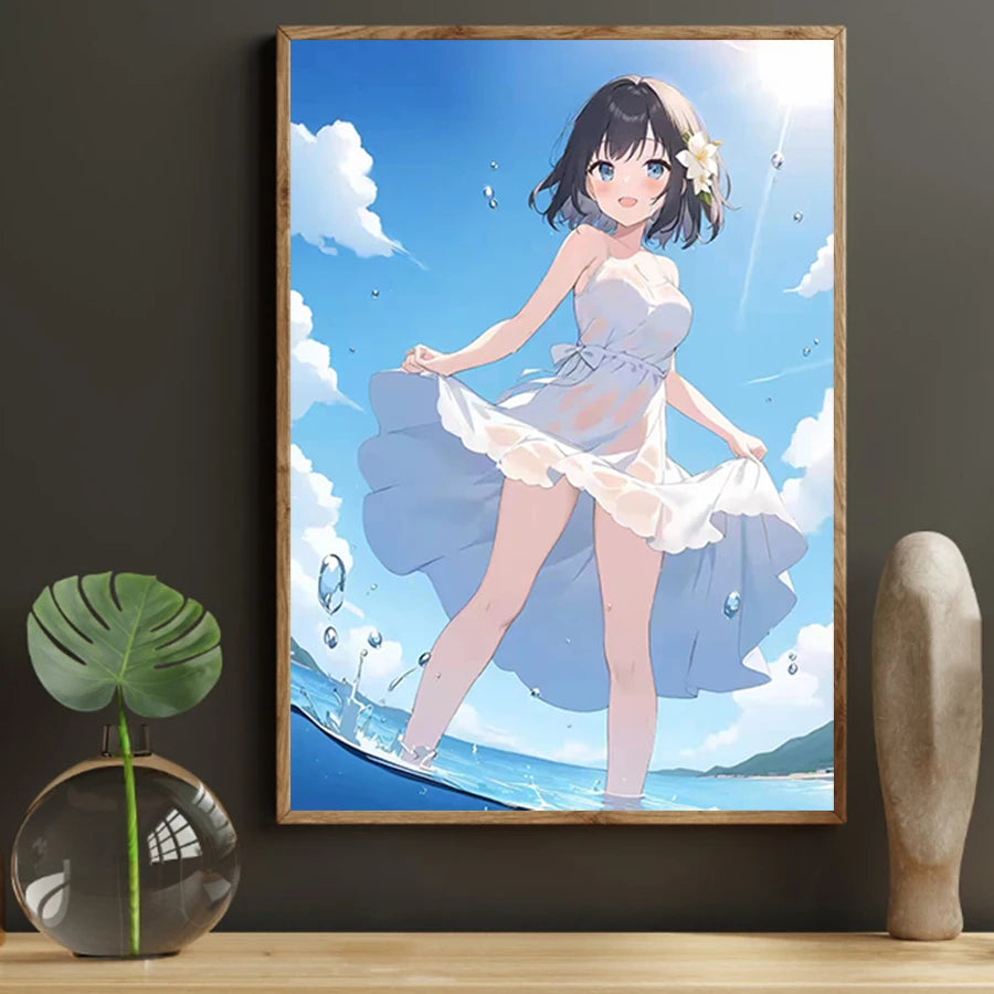 Hot Sexy Anime Girl Canvas Wall Art, Sea Play Canvas Poster, Cartoon Anime Prints Poster For Living Room Home Decor Frameless