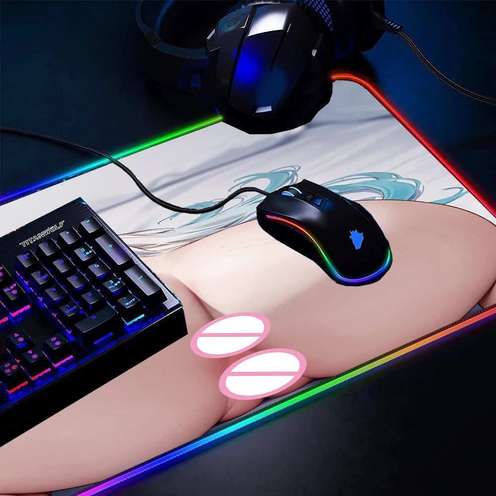 Tapis de jeu sexy à LED XXL Hip Hentai Anime Big Ass avec accessoires de rétroéclairage Grand tapis lumineux Tapis de souris de jeu Fesses RGB PC Néon