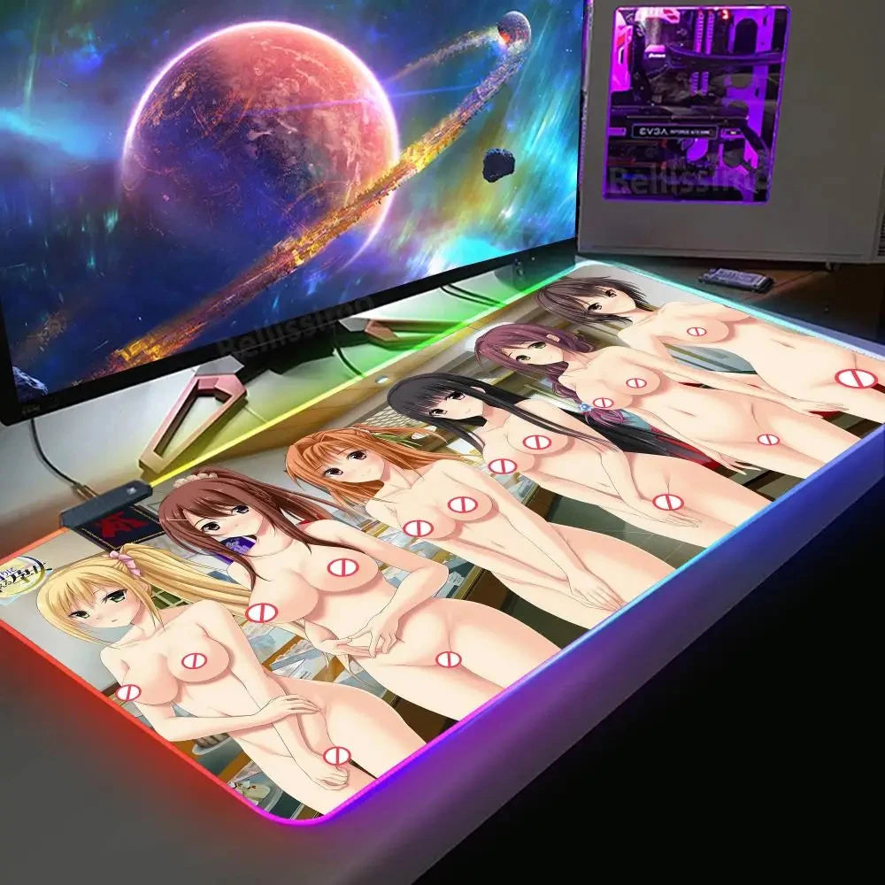 Hentai anime girls RGB LED Mouse Pad Uncensored Sexy Hot Nude Girl Game Pad Gamer Keyboard Gaming Laptop Mat Anime Mousepad XXL