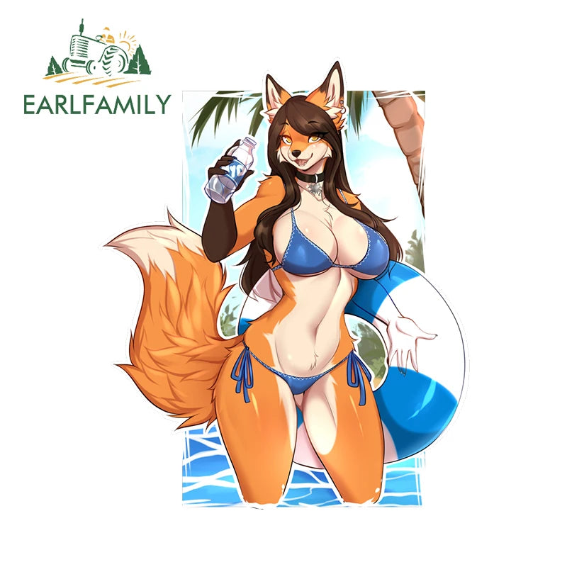 EARLFAMILY 13cm x 8.6cm Furry Cow Girl Car Stickers NSFW Bikini Breasts Waifu Boobs Hentai Decor Sunscreen Senpai Fox Decal