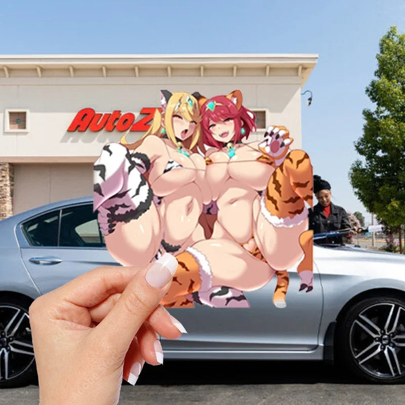 EARLFAMILY 13cm x 12.9cm Pyra Mythra Xenoblade Stickers Huge Breasts Hentai Boobs Female Fur Bikini Waifu NSFW Car Accessories