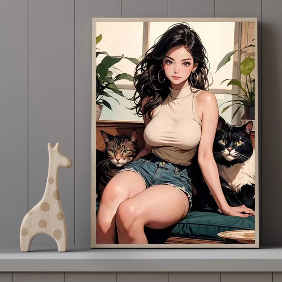 Hot Sexy Beauty Canvas Wall Art, Anime Girl Cat Canvas Poster, Cartoon Anime Prints Poster For Living Room Home Decor Frameless