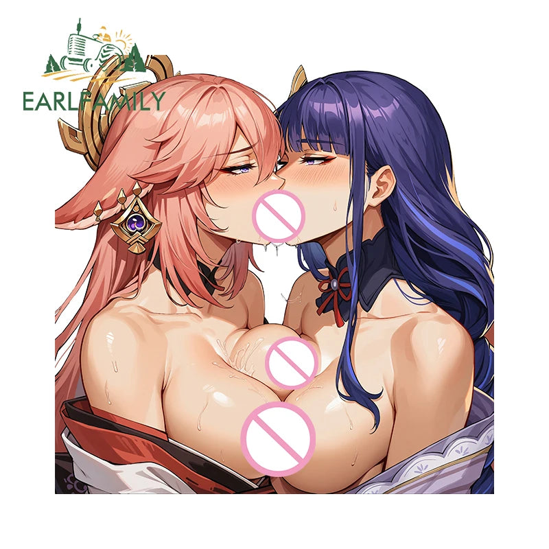 EARLFAMILY 13cm x 12.9cm Girls Ass Tattoo Blue Eyes Big Boobs Car Stickers NSFW Breasts Waifu Bikini Hentai Lewd Decoration