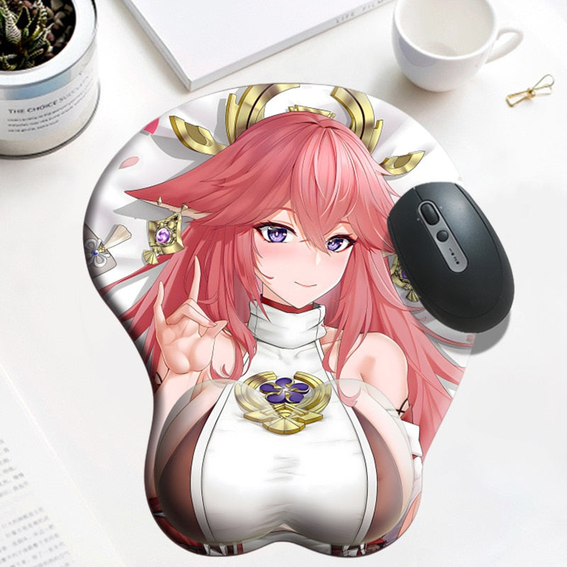 Genshin Impact Yae Miko Sexy 3D Chest Mouse Pad Big Gaming Anime Cute Manga MousePad with Wrist Rest Oppai XXL Large Desk Mat