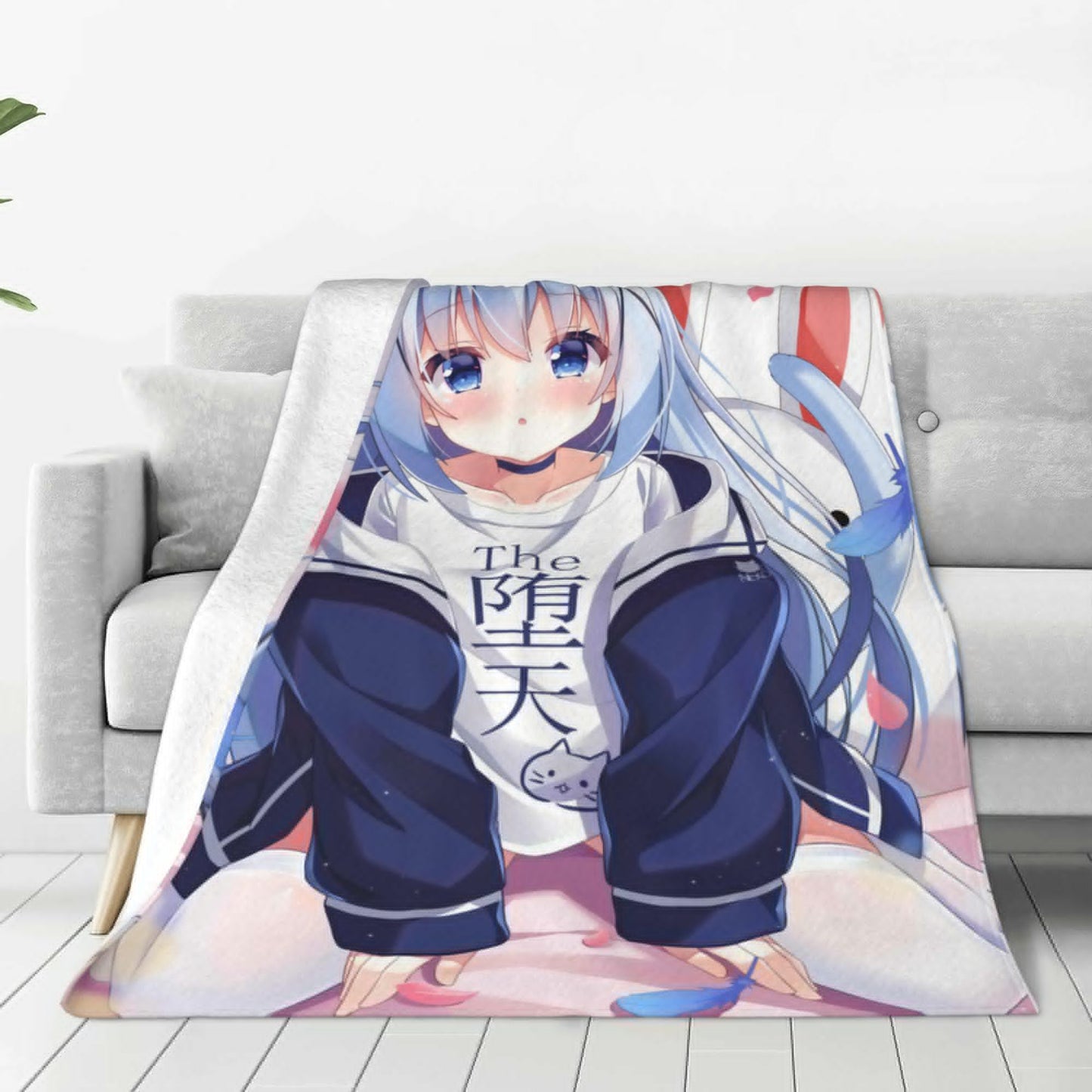 Japanese Anime Gochuumon wa Usagi Desu ka Soft Throw Blanket, Personalized Warm Lightweight Flannel Blankets for Couch Bed Decor