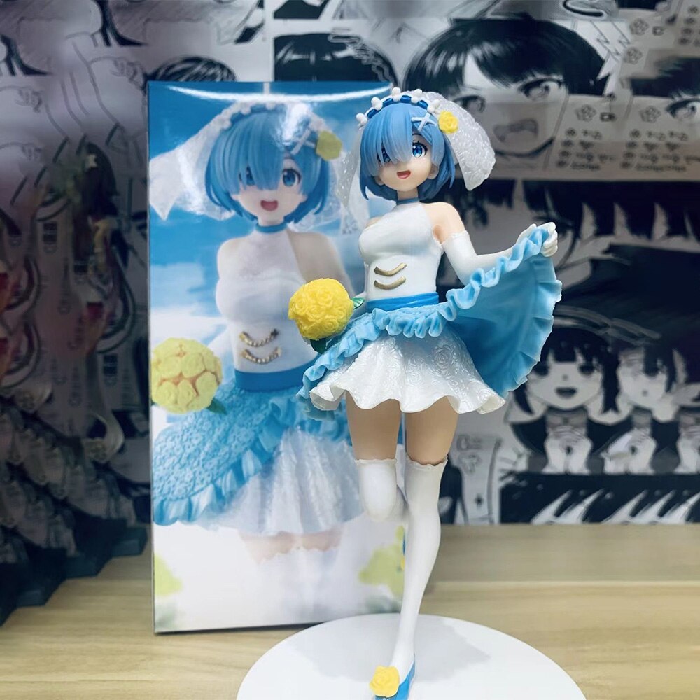 Cartoon anime Wedding Dress Blue Hair Girl  18cm Rem Figure Transparent Anime Girl Ornament Model Doll Gifts Toys