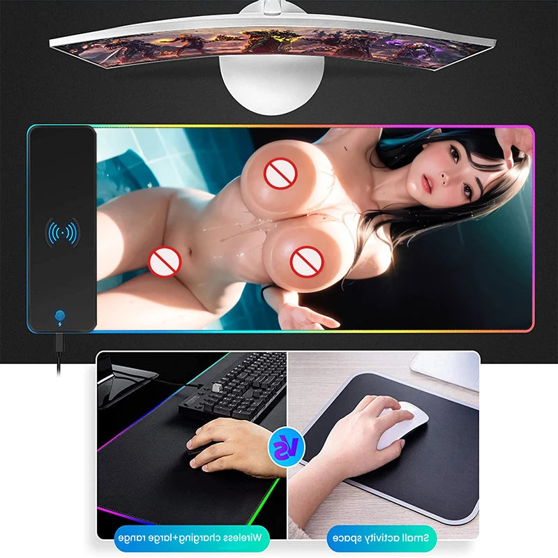 Wireless Charging Mouse Pad RGB Sexy Girl Gamer Table Mat Gaming Accessories MousePad Xxl Charging Mobile Phone Gaming Desk mat