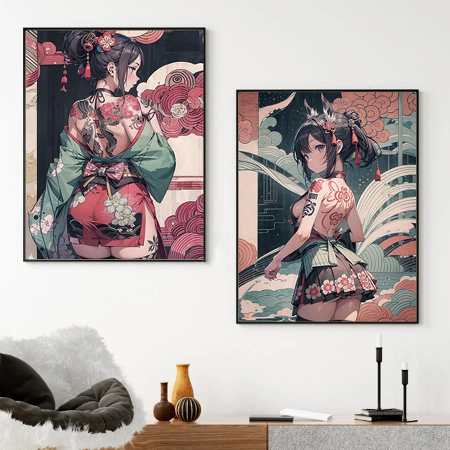 Hot Sexy Beauty Canvas Wall Art, Tattoo Girl Canvas Poster, Cartoon Anime Prints Poster For Living Room Home Decor Frameless