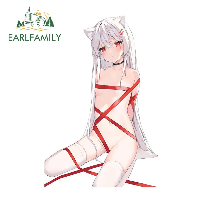 EARLFAMILY 13cm x 8.6cm for Sexy Cat Girl Car Sticker Tie NSFW Kawaii Anime Hentai Decal Funny Bumper Vinyl Ahegao Accsesories