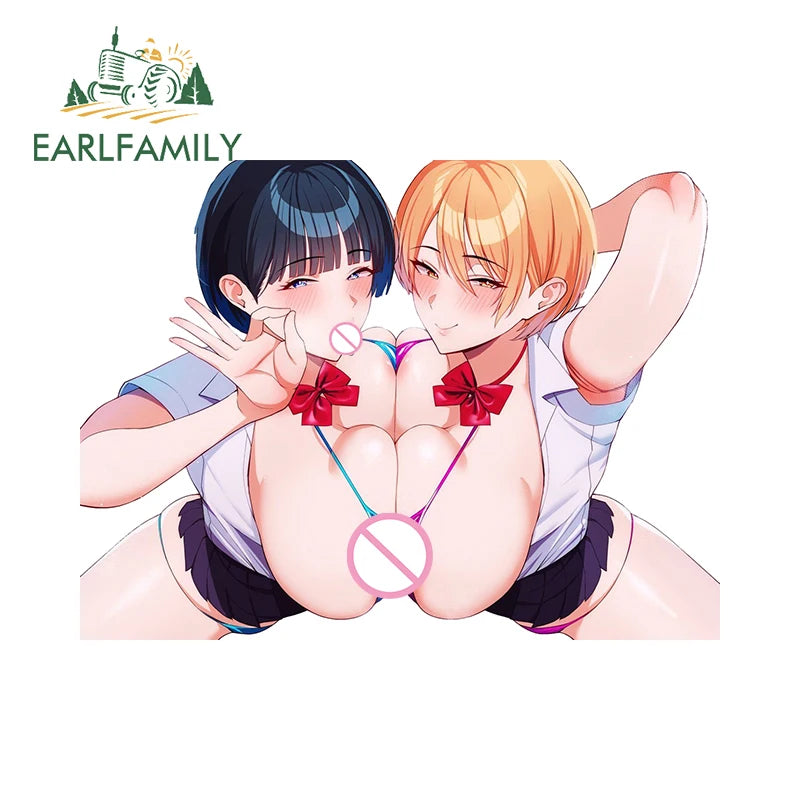 EARLFAMILY 13cm x 12.9cm Girls Ass Tattoo Blue Eyes Big Boobs Car Stickers NSFW Breasts Waifu Bikini Hentai Lewd Decoration