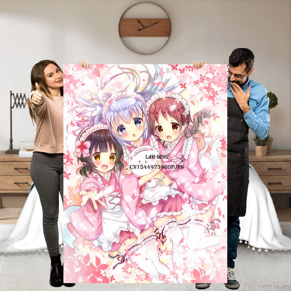 Japanese Anime Gochuumon wa Usagi Desu ka Soft Throw Blanket, Personalized Warm Lightweight Flannel Blankets for Couch Bed Decor