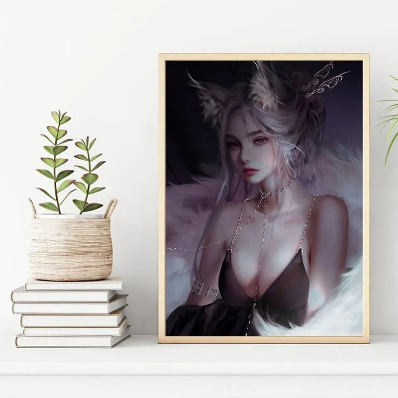 Affiche et impressions de portrait de fille de chat sexy et mignonne d'anime, peinture sur toile, art mural, images modernes pour la décoration de la chambre de fille de renard Kawaii