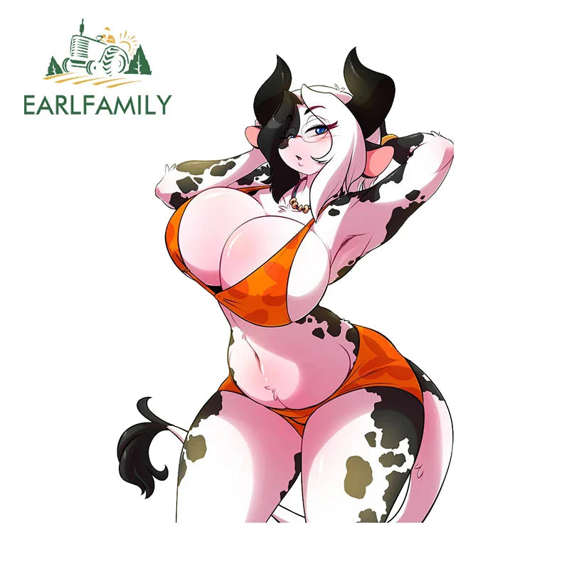 EARLFAMILY 13cm x 8.6cm Furry Cow Girl Car Stickers NSFW Bikini Breasts Waifu Boobs Hentai Decor Sunscreen Senpai Fox Decal