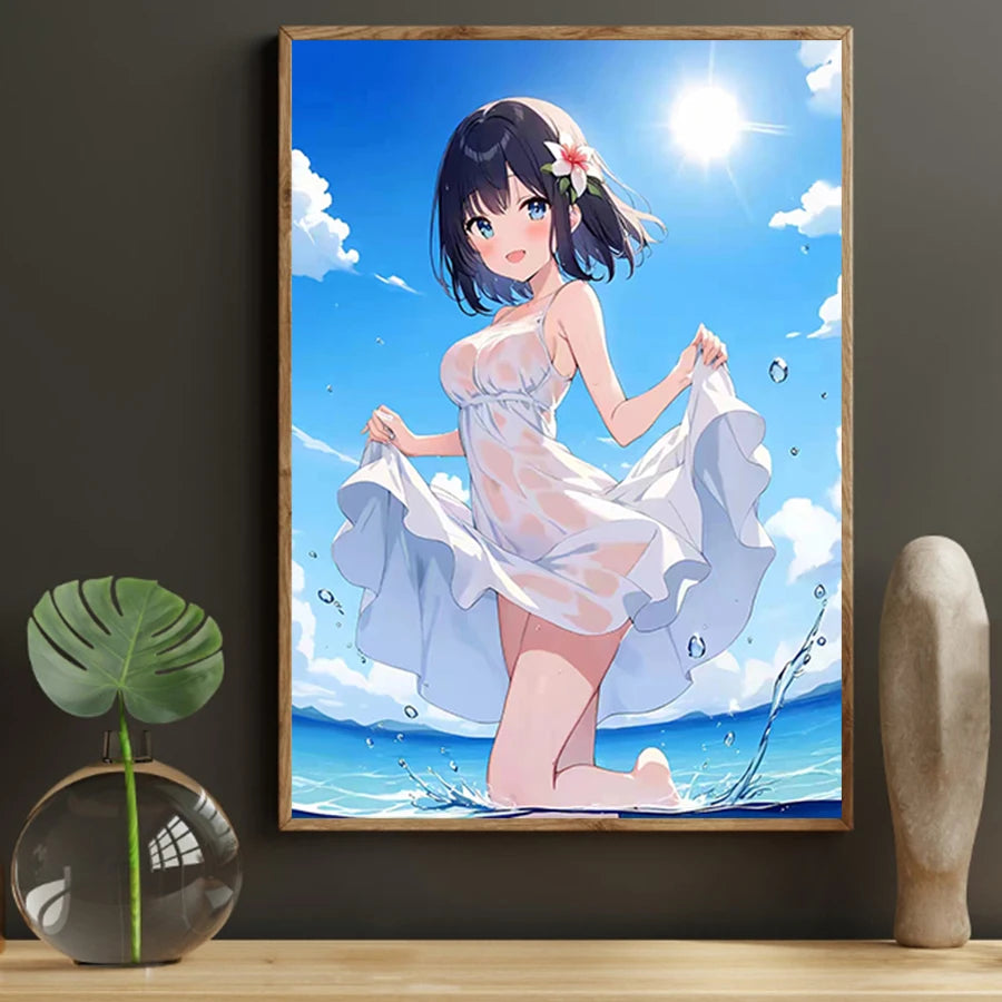 Hot Sexy Anime Girl Canvas Wall Art, Sea Play Canvas Poster, Cartoon Anime Prints Poster For Living Room Home Decor Frameless