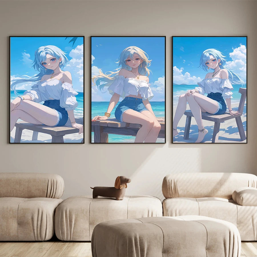 Hot Sexy Beauty Canvas Wall Art, Sea Beach Canvas Poster, Cartoon Anime Prints Poster For Living Room Home Decor Frameless