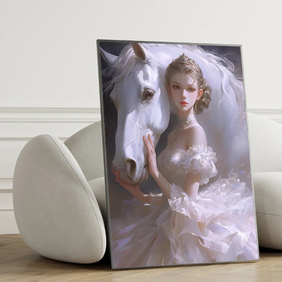 Beautiful Princess White Horse Canvas Wall Art, Canvas Poster, Cartoon Anime Prints Poster For Living Room Home Decor Frameless