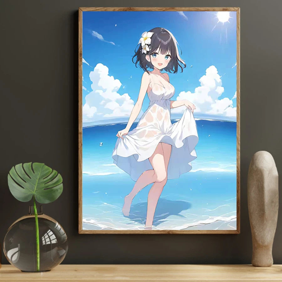 Hot Sexy Anime Girl Canvas Wall Art, Sea Play Canvas Poster, Cartoon Anime Prints Poster For Living Room Home Decor Frameless