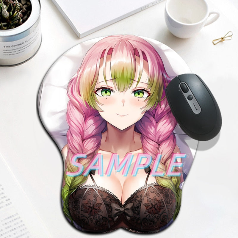 Tapis de souris Sexy Anime Gamer Kimetsu No Yaiba Kanroji Mitsuri mignon Manga Shenhe avec poignet 3D grand Oppai tapis de souris en Gel de Silicone