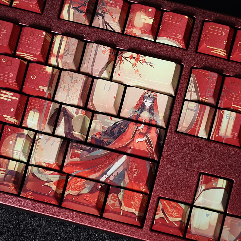 108 Keys PBT Dye Subbed Keycaps Cartoon Anime Gaming Key Caps Chinese Wedding Theme Backlit Keycap For ANSI 61 87 104 108 Layout