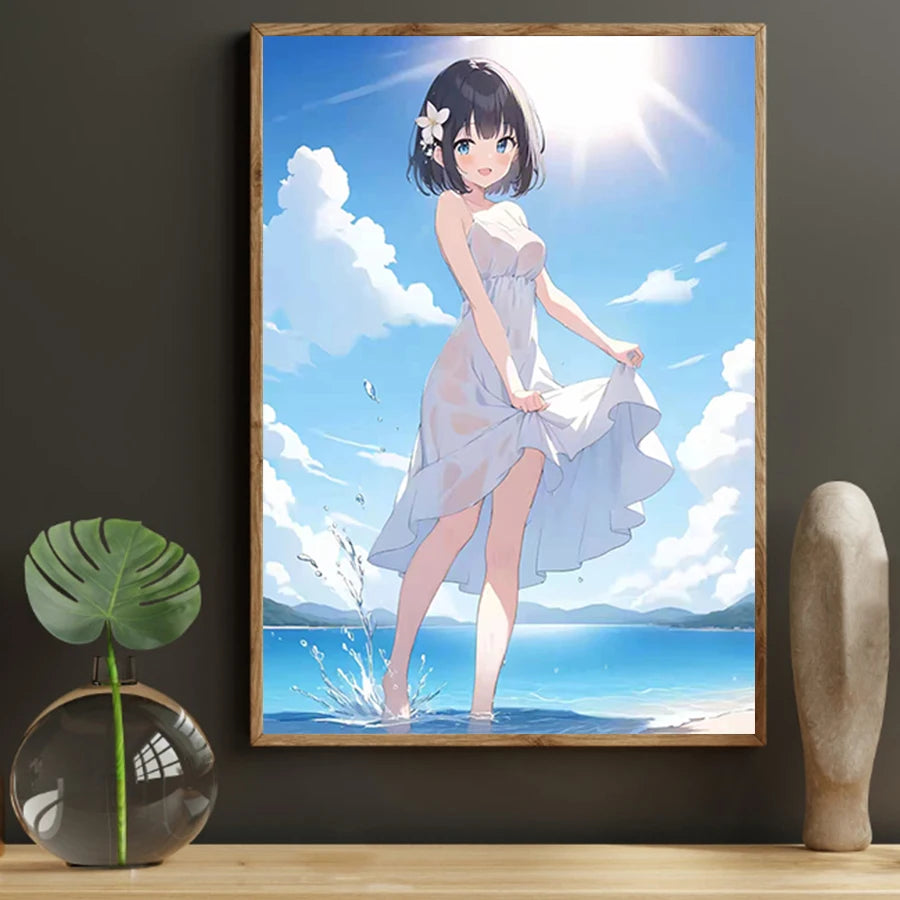 Hot Sexy Anime Girl Canvas Wall Art, Sea Play Canvas Poster, Cartoon Anime Prints Poster For Living Room Home Decor Frameless