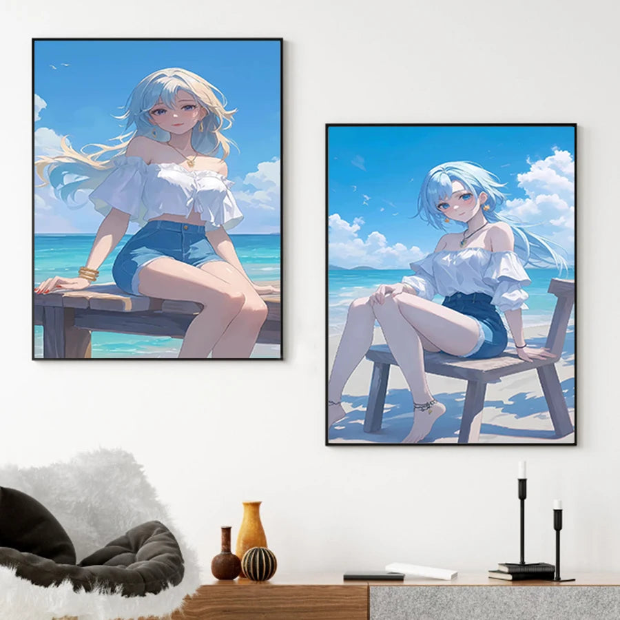 Hot Sexy Beauty Canvas Wall Art, Sea Beach Canvas Poster, Cartoon Anime Prints Poster For Living Room Home Decor Frameless