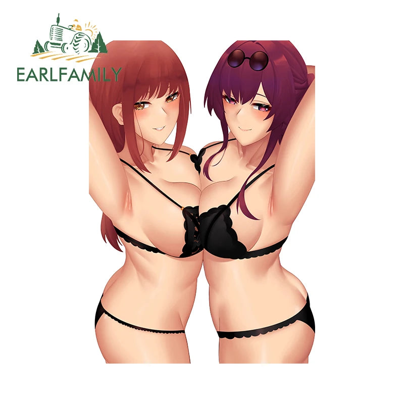 EARLFAMILY 13cm x 12.9cm Girls Ass Tattoo Blue Eyes Big Boobs Car Stickers NSFW Breasts Waifu Bikini Hentai Lewd Decoration