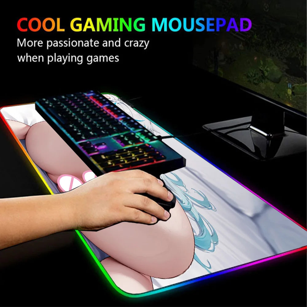 Tapis de jeu sexy à LED XXL Hip Hentai Anime Big Ass avec accessoires de rétroéclairage Grand tapis lumineux Tapis de souris de jeu Fesses RGB PC Néon