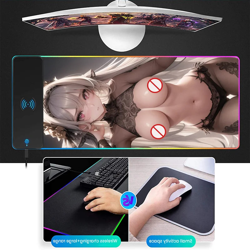 Wireless Charging Mouse Pad RGB Sexy Girl Gamer Table Mat Gaming Accessories MousePad Xxl Charging Mobile Phone Gaming Desk mat