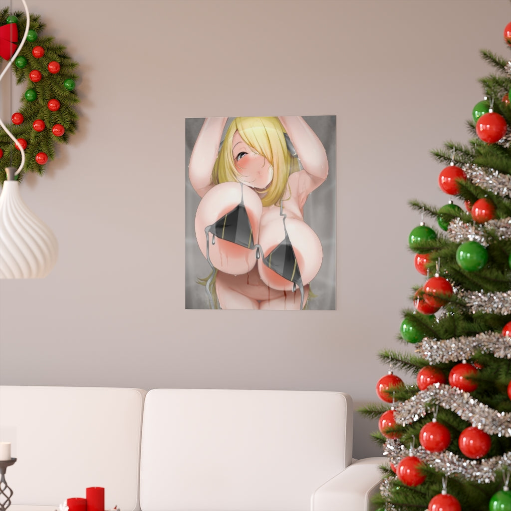 Pokémon Sexy Cynthia Big Boobs Shower Bikini Poster - Lewd Premium Matte Vertical Poster - Adult Wall Art