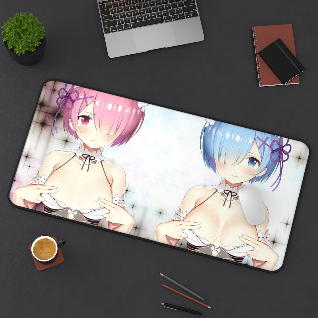 Re:Zero Anime Mousepad - Ram And Rem Covering Nipples - Large Desk Mat - Ecchi Mouse Pad - Sexy Playmat